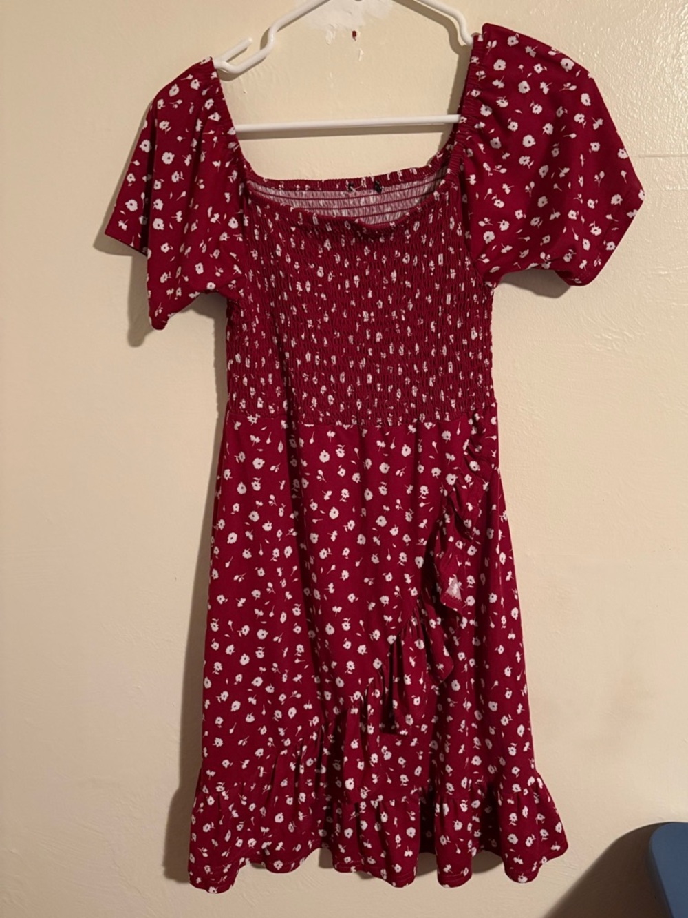 Red Floral Smocked Puff Sleeve Midi Dress
